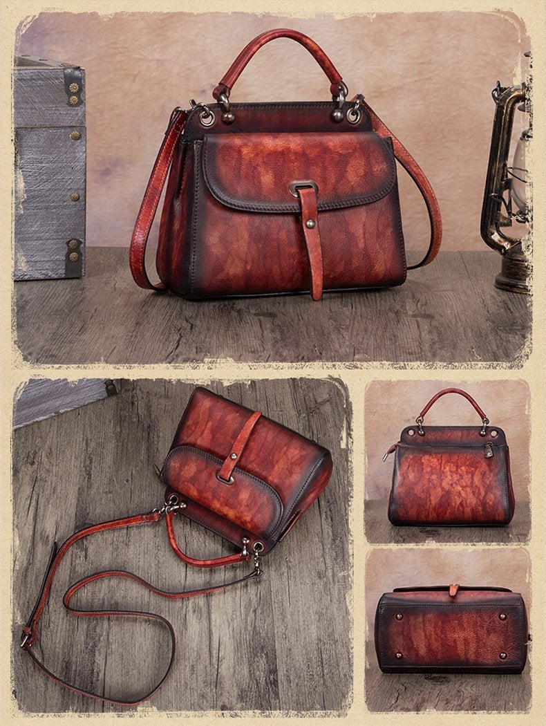 Vintage Red Ladies Leather Square Satchel Handbag Purse Brown SHoulder Bag Side Bag for WOmen