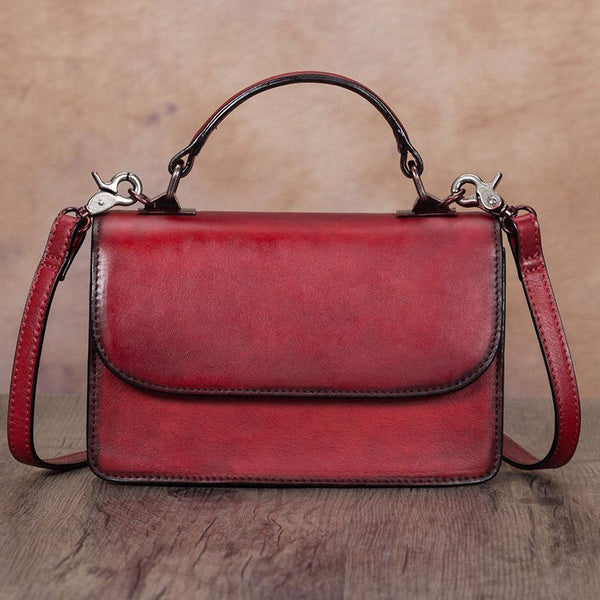 Red Vintage Womens Leather Square Satchel Handbag Brown Shoulder Bag Purse for Ladies