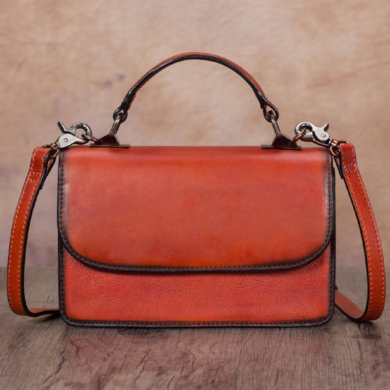 Tan Vintage Womens Leather Square Satchel Handbag Brown Shoulder Bag Purse for Ladies