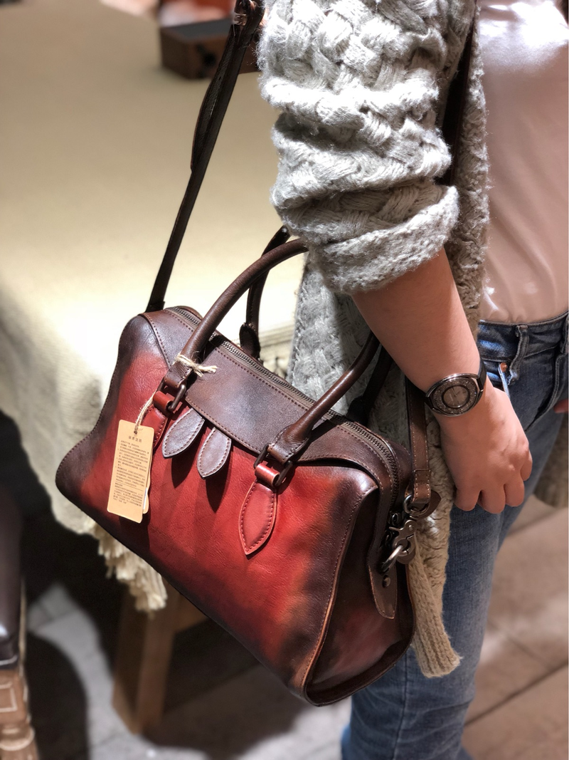 Vintage Womens Red Leather Handbag Purses Shoulder Handbag Purse Vintage Style Handbags for Ladies