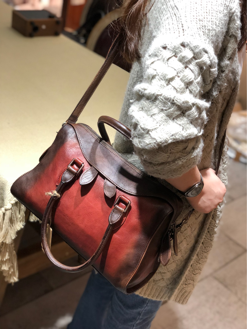 Vintage Womens Red Leather Handbag Purses Shoulder Handbag Purse Vintage Style Handbags for Ladies