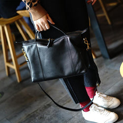 Black Genuine LeatherTote Bag With Zipper