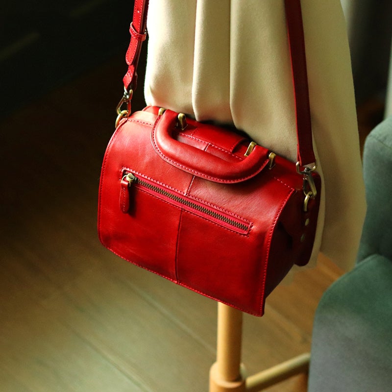 Womens Red Leather Doctor Handbag Purses Vintage Red Doctor Side Purse for Women