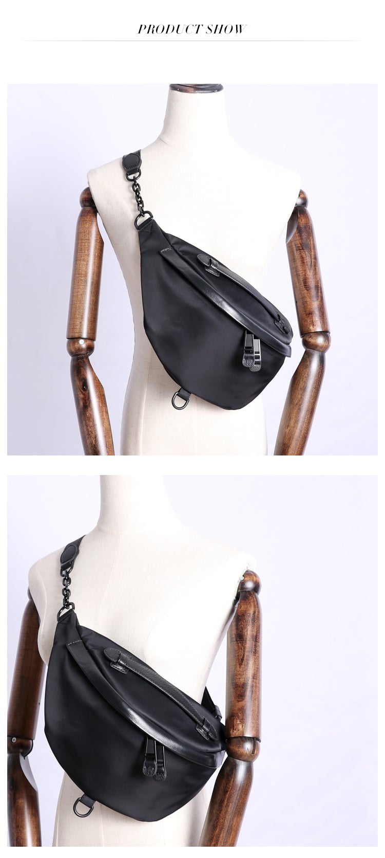 Womens Black Nylon Leather Fanny Pack Nylon Chest Bag Womens Hip Bag Waist Bag For Women
