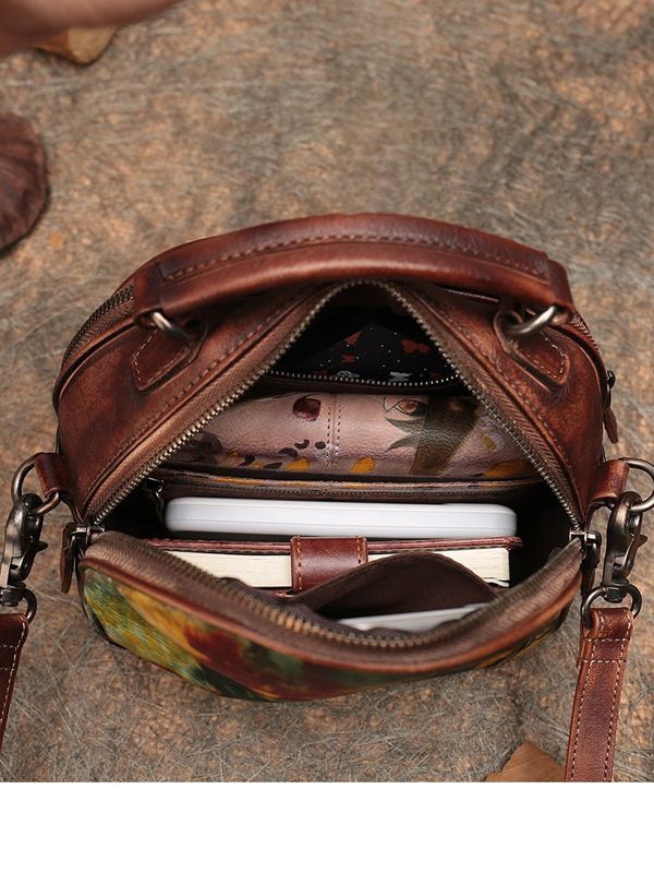 Womens Mix Brown Leather Round Handbag Purses Vintage Handmade Round Shoulder Bag Crossbody Handbag for Women