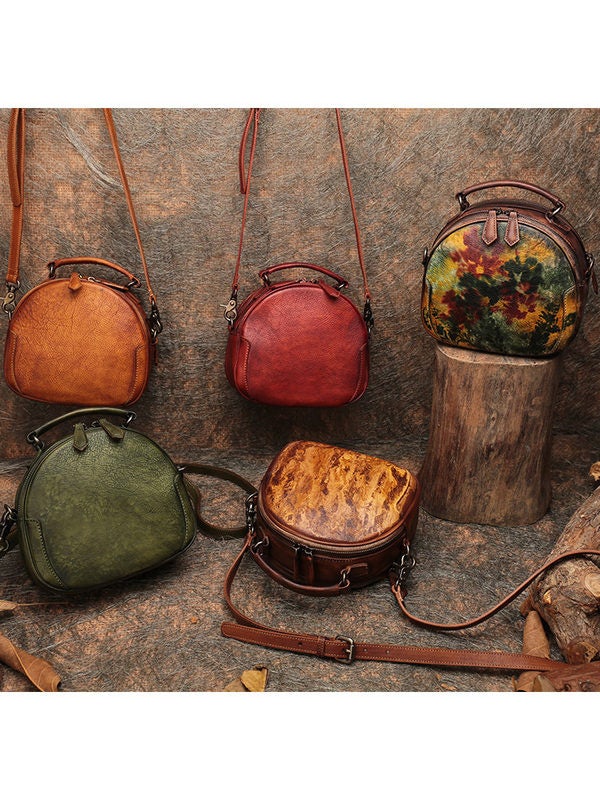 Womens Red Leather Round Handbag Purses Vintage Handmade Round Shoulder Bag Crossbody Handbag for Women