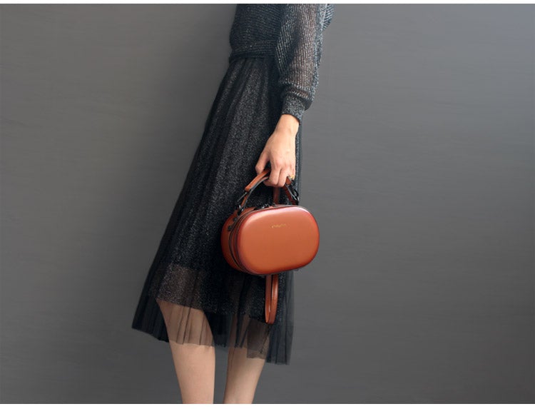 Womens Brown Leather Small Round Handbag Purse Round Crossbody Bag Shoulder Bag for Women