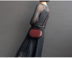 Womens Brown Leather Small Round Handbag Purse Round Crossbody Bag Shoulder Bag for Women