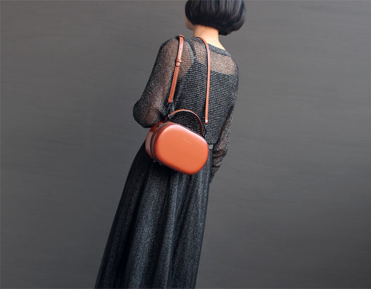 Womens Red Leather Small Round Handbag Purse Round Crossbody Bag Shoulder Bag for Women