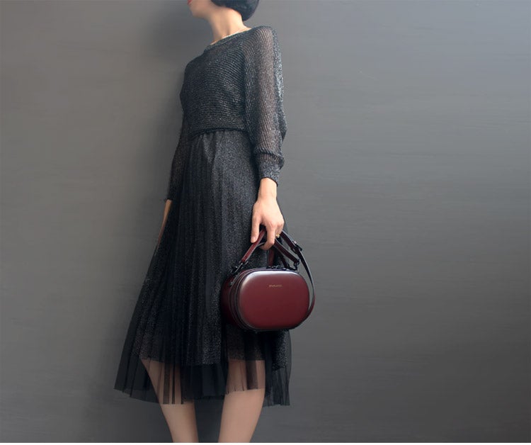 Elegant Red Leather Small Round Handbag Ladies