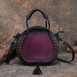 Womens Brown Leather Round Handbag Purses with Tassels Vintage Handmade Round Shoulder Bag Crossbody Handbag for Women