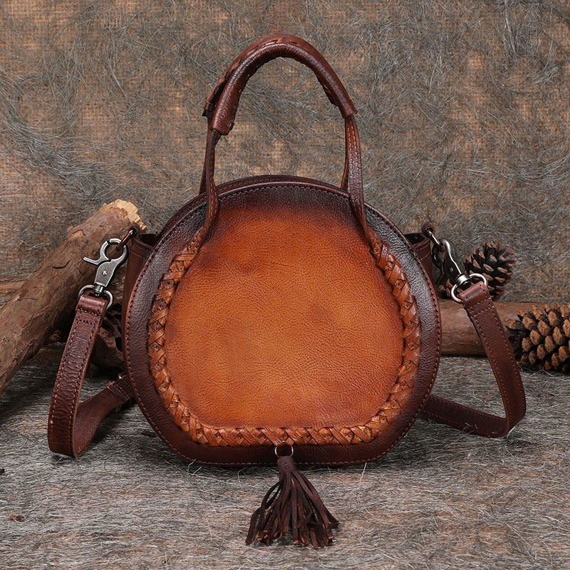 Womens Black Leather Round Handbag Purses with Tassels Vintage Handmade Round Shoulder Bag Crossbody Handbag for Women