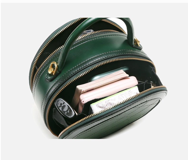 Womens Green Leather Round Handbag Small Crossbody Purse Round Shoulder Bag for Women