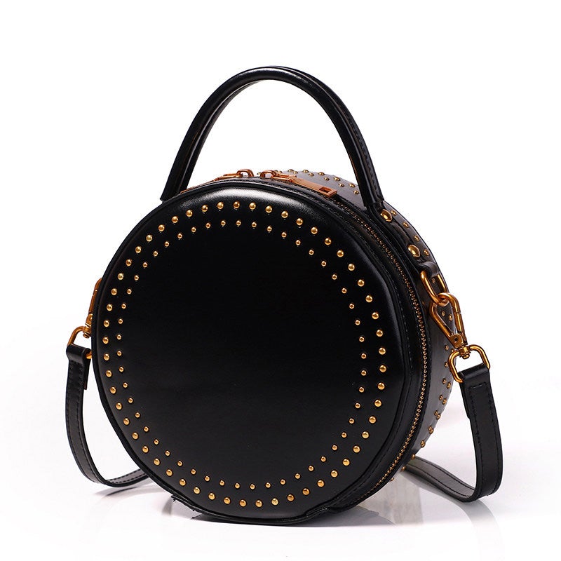 Womens Black Leather Round Handbag with Rivet Crossbody Purse Black Round Shoulder Bag for Women