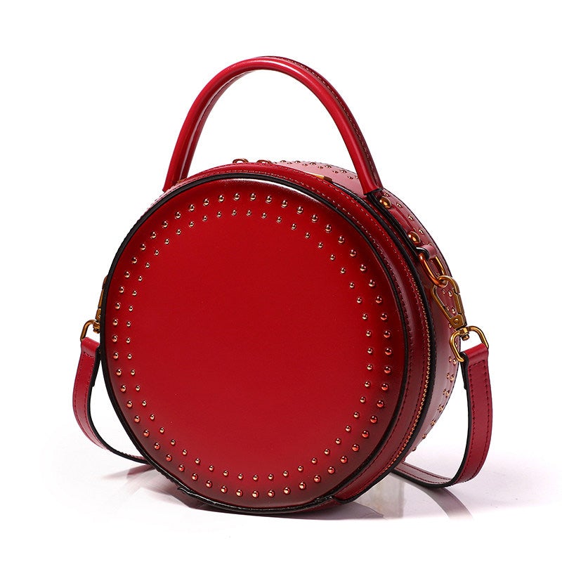 Womens Red Leather Round Handbag with Rivet Crossbody Purse Red Round Shoulder Bag for Women