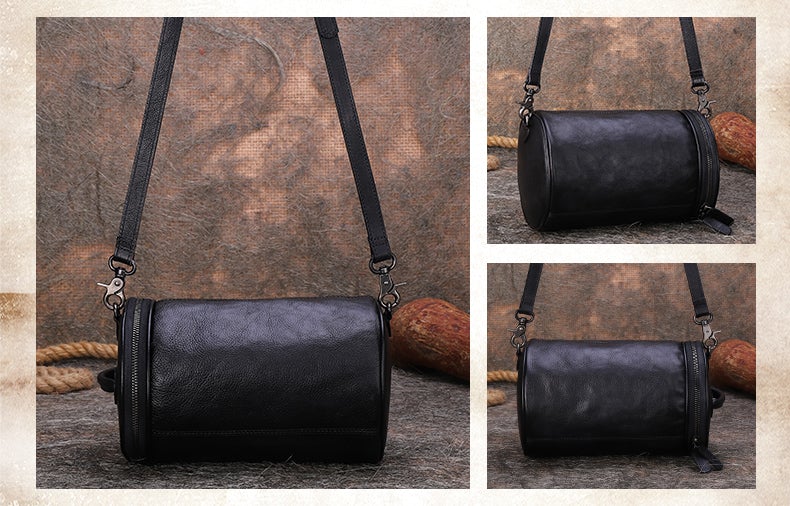 Womens Black Gray Leather Barrel Shoulder Bag Purse Vintage Round Handbag Bucket Crossbody Purse for Women