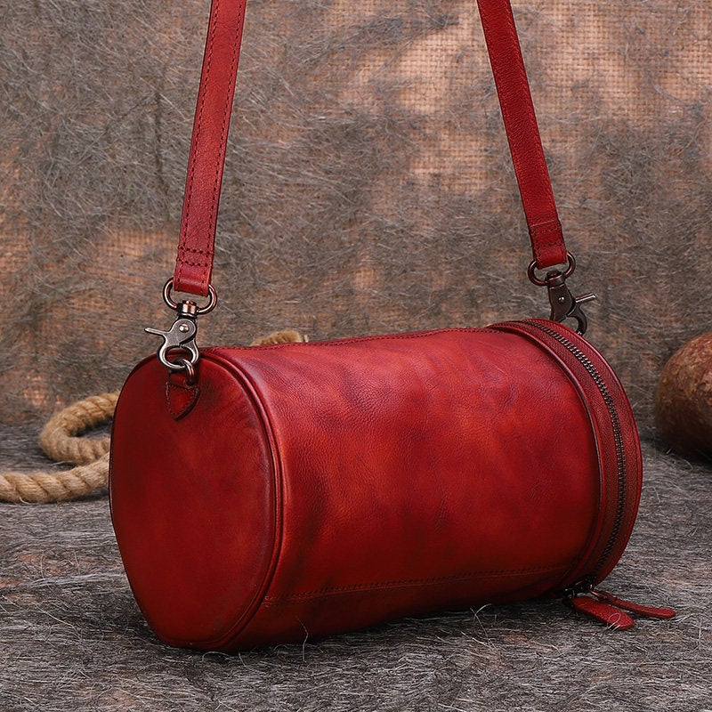 Womens Brown Leather Barrel Shoulder Bag Purse Vintage Round Handbag Bucket Crossbody Purse for Women