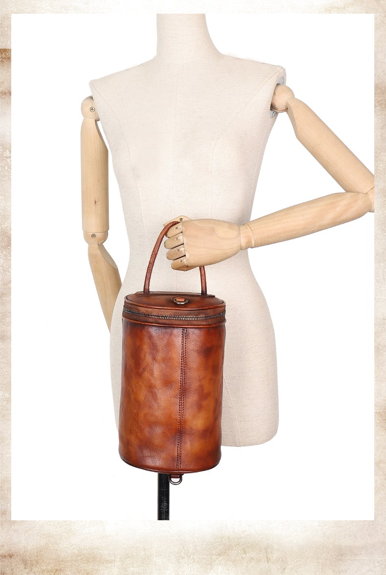 Womens Brown Leather Barrel Shoulder Bag Purse Vintage Round Handbag Bucket Crossbody Purse for Women