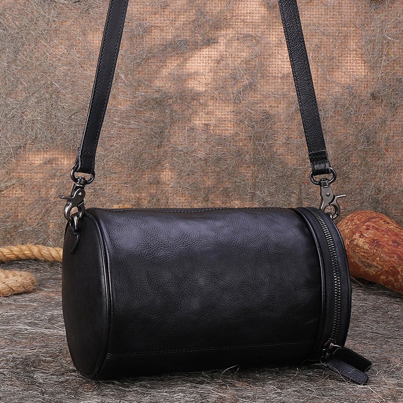 Vintage Black Leather Bucket Crossbody Bag Womens