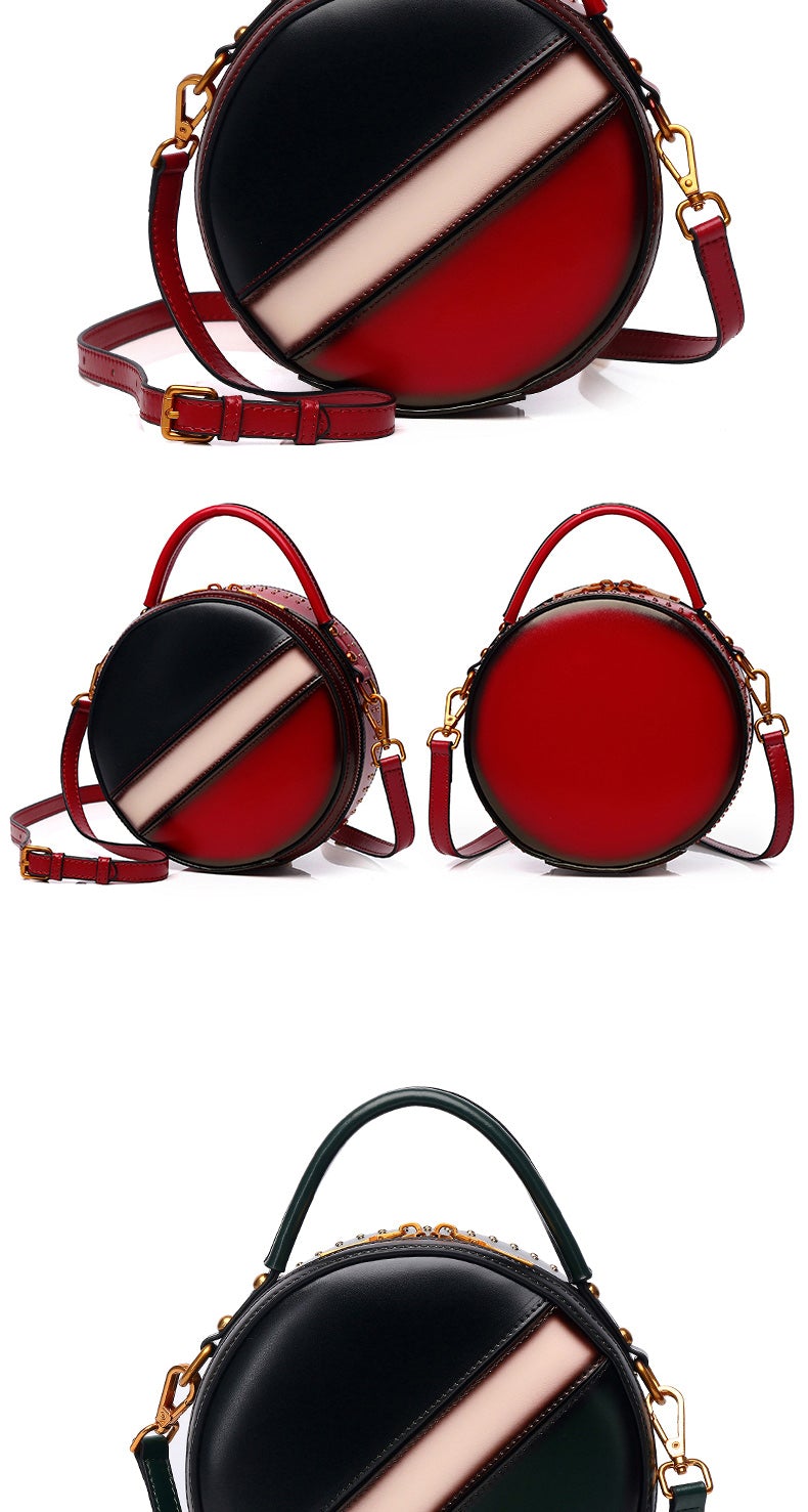 Womens Red Leather Round Handbag CONTRAST COLOR Crossbody Purse Red Round Shoulder Bag for Women