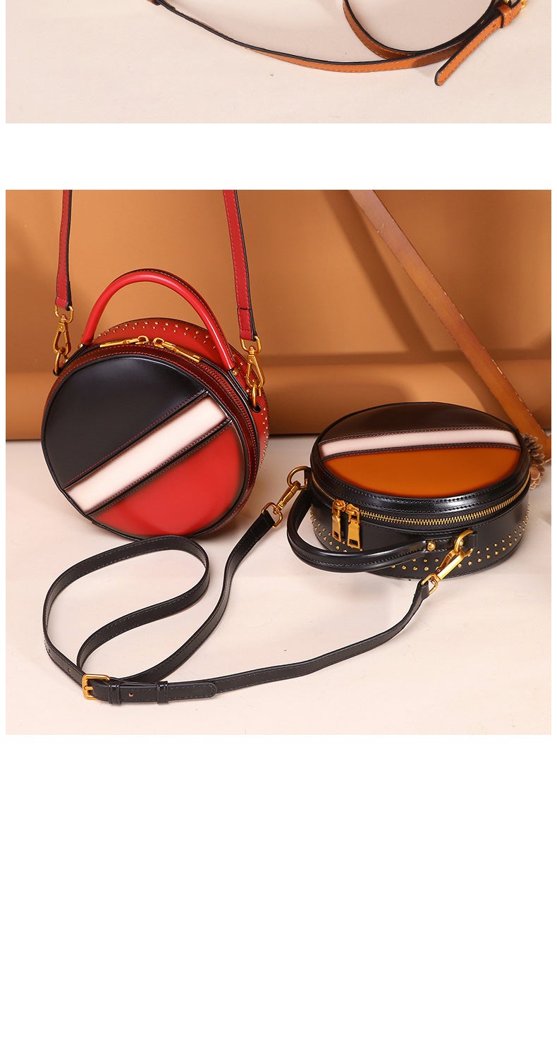 Womens Red Leather Round Handbag CONTRAST COLOR Crossbody Purse Red Round Shoulder Bag for Women