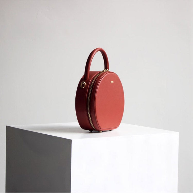 Womens Red Leather Round Handbag Crossbody Bag Round Small Shoulder Bag for Women