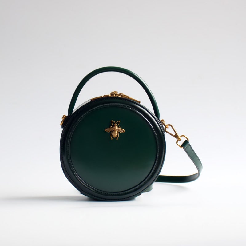 Womens Green Leather Small Round Handbag Crossbody Purse Round Shoulder Bag for Women