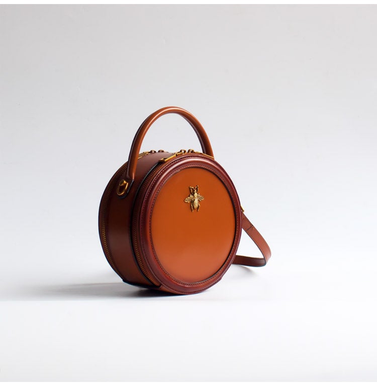 Womens Brown Leather Small Round Handbag Crossbody Purse Round Shoulder Bag for Women