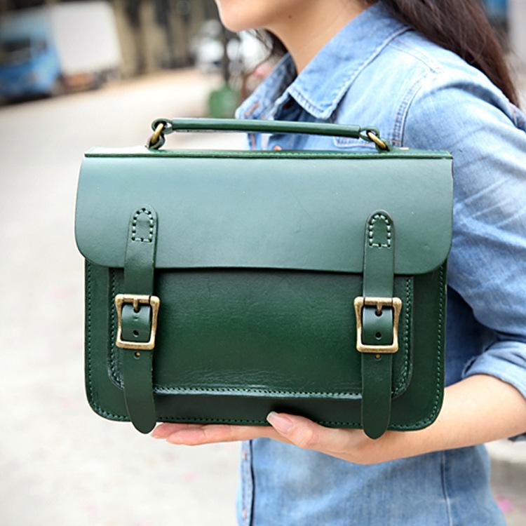 Handmade Womens Green Leather Satchel Shoulder Bag Cambridge Structured Satchel Handbag Purse for Men