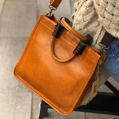 Vintage Female Brown Leather Square Handbag