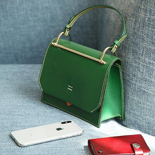 Fashion Womens Green Leather Flap Over Handbag Purse Handmade Square Crossbody Bag Shoulder Bag Purse