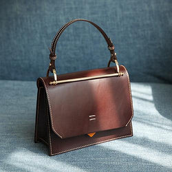 Fashion Womens Coffee Leather Flap Over Handbag Purse Handmade Square Crossbody Bag Shoulder Bag Purse
