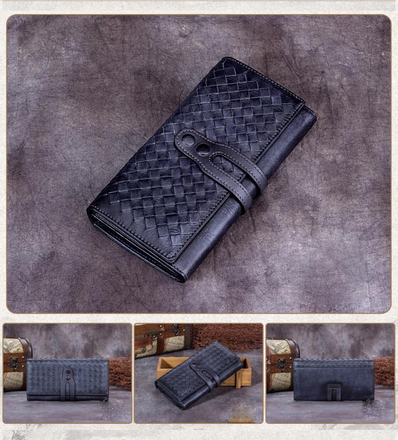 Grey Woven Weaved Leather Long Wallet Phone Clutch Purse