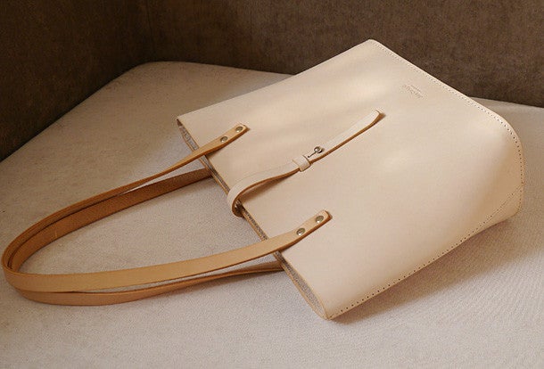 Handmade vintage womens beige leather tote bag handbags purse for women