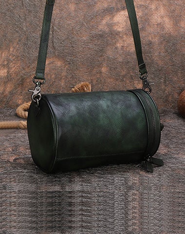 Green Leather Zipper Women's Barrel Bag Purse