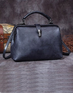 Handmade Gray Leather Handbag Vintage Doctor Bag Shoulder Bag Purse For Women
