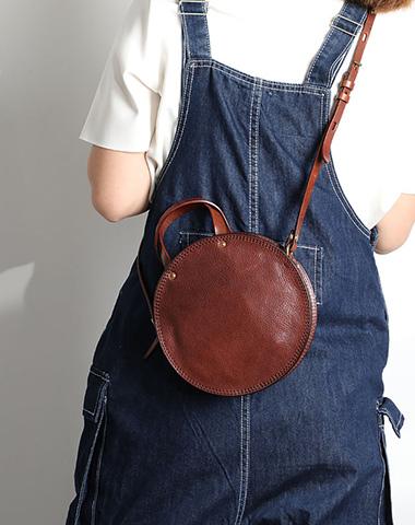 Vintage Womens Coffee Leather Round Handbag Purses Coffee Round Shoulder Bag Crossbody Handbag for Women