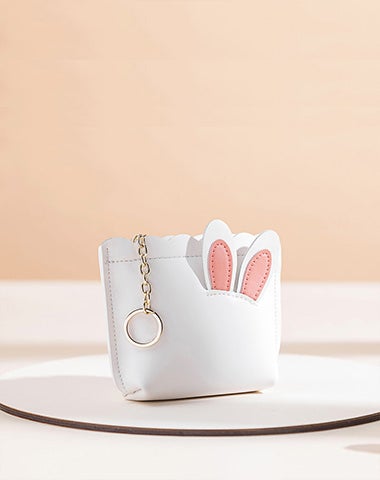 White Leather Bunny Coin Wallet Small Keychain