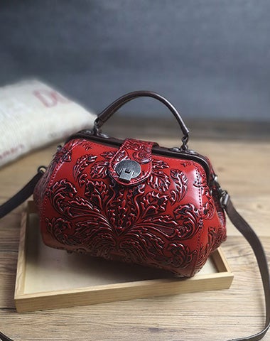 Handamde Womens Red Leather Doctor Handbag Purses Floral Red Doctor Crossbody Purse for Women