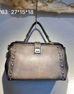 Vintage Womens Gray Leather Doctor Handbag Purses With Rivet Doctor Shoulder Bag for Women
