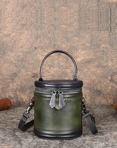 Green Leather Bucket Handbag Vintage Handmade