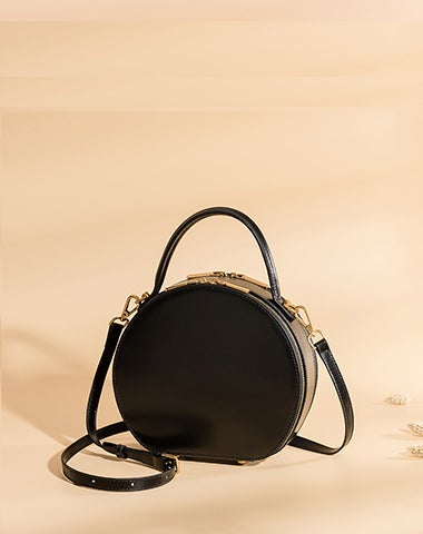 Cute Womens Black Leather Round Handbag Crossbody Purses Round Black Shoulder Bag for Women