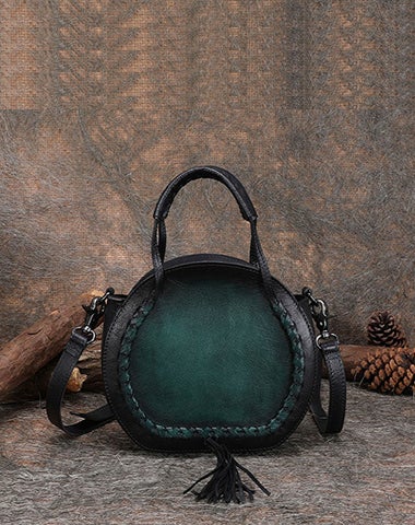 Womens Black Leather Round Handbag Purses with Tassels Vintage Handmade Round Shoulder Bag Crossbody Handbag for Women