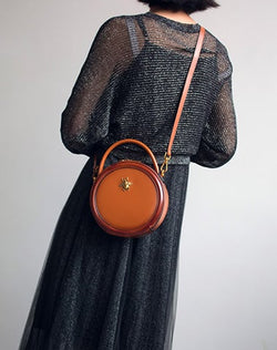 Womens Brown Leather Small Round Handbag Crossbody Purse Round Shoulder Bag for Women