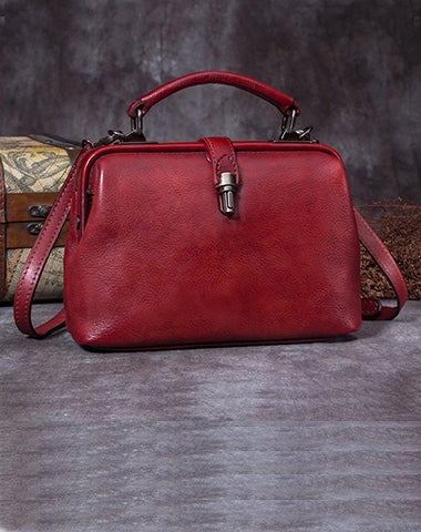 Handmade Red Leather Handbag Vintage Doctor Bag Shoulder Bag Purse For Women