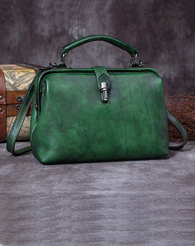 Green Cowhide Doctor Shoulder Bag Handmade Ladies Shopping