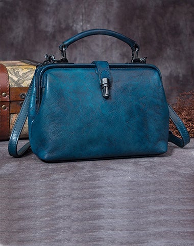 Handmade Blue Leather Handbag Vintage Doctor Bag Shoulder Bag Purse For Women