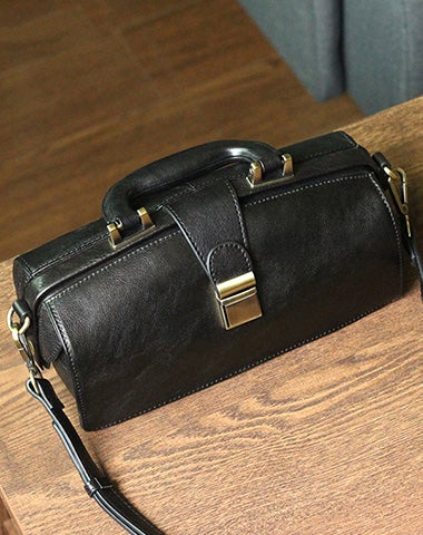 Womens Black Leather Doctor Handbag Purses Vintage Handmade Doctor Crossbody Purse for Women