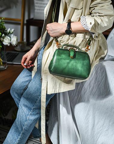 Womens Green Leather Doctor Handbag Purses Vintage Green Doctor Side Purses for Women