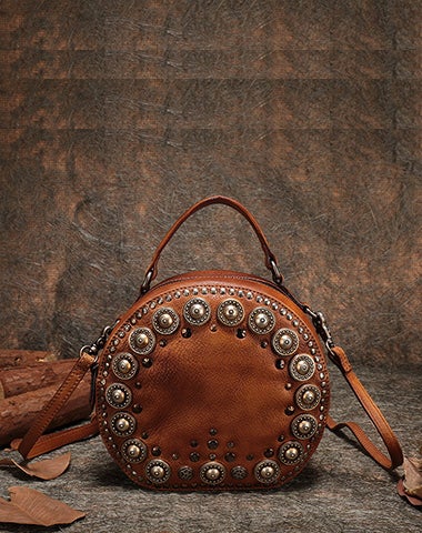 Handmade Womens Gray Leather Round Handbag Purses Rivet Round Shoulder Bag Crossbody Handbag for Women